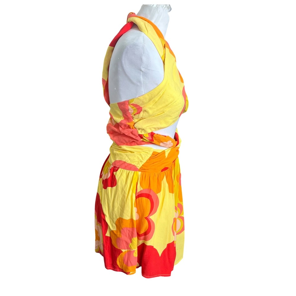 Sabo Skirt Amina Floral Halter Mini Dress Womens XS Yellow Cutout Boho Resort - Picture 3 of 9